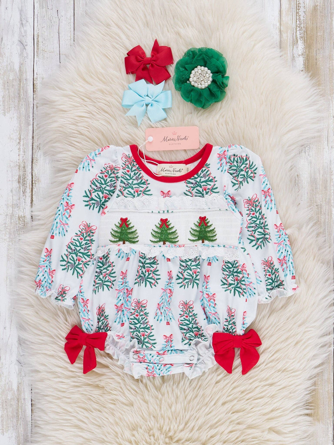 Marie Nicole Clothing - Evergreen Nettles Smocked Bubble Romper: 6/12MOS
