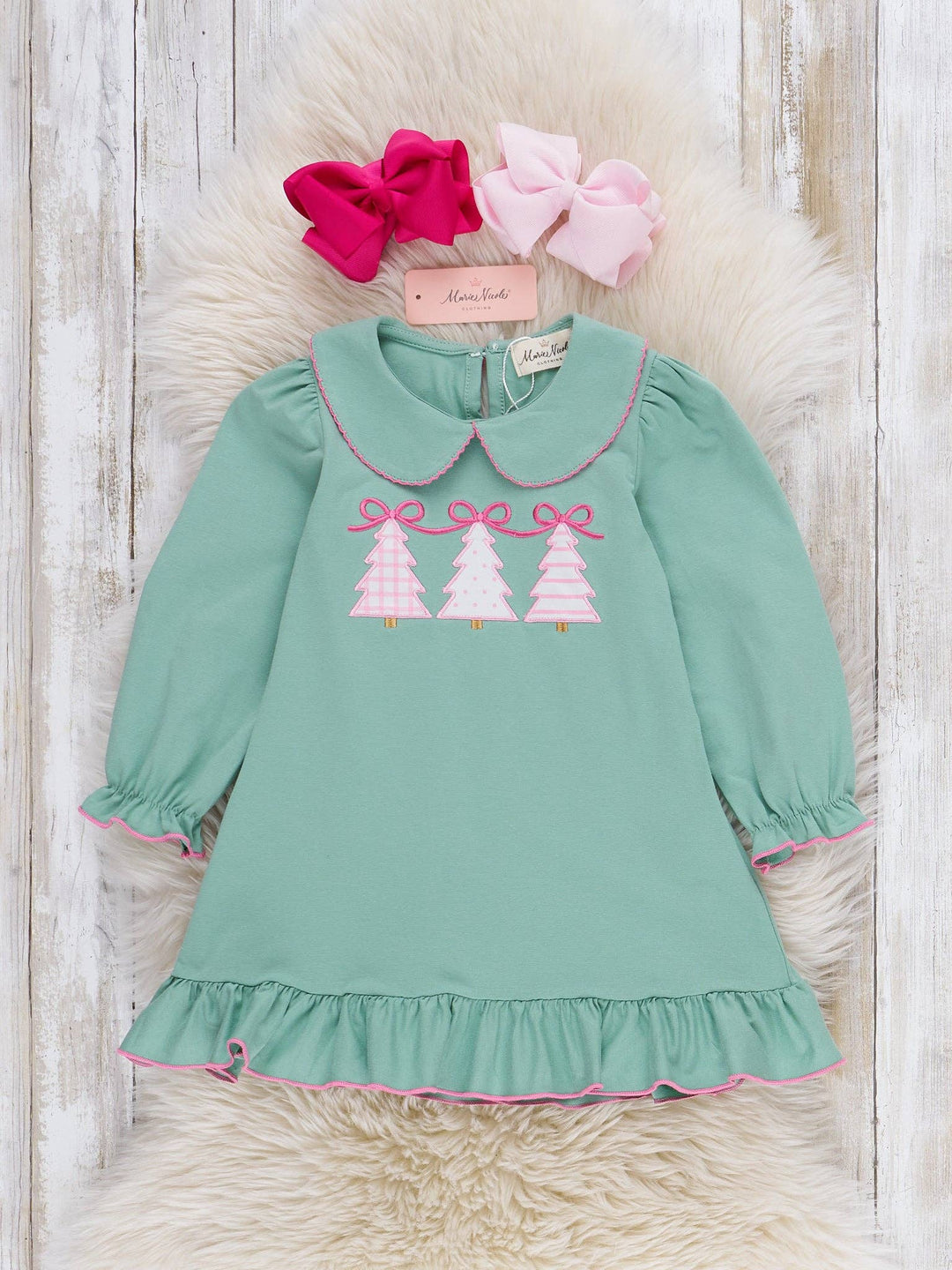 Marie Nicole Clothing - Pastel Evergreen Embroidered Ruffle Dress: S(2yrs)