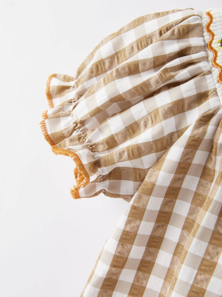 Rylee Faith Designs - Girls Thanksgiving Smocking Embroidered Brown Plaid Romper: 12M