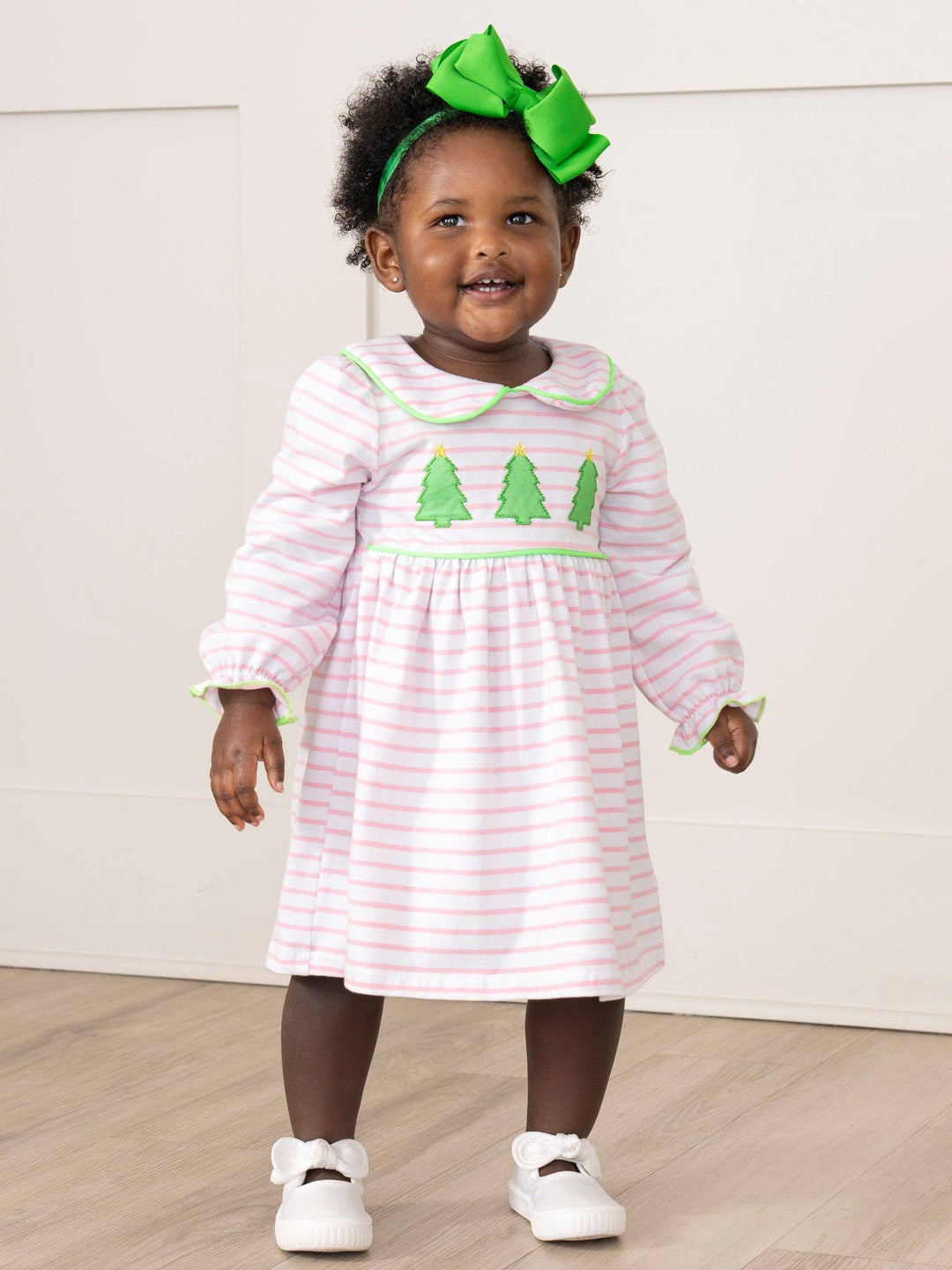 Marie Nicole Clothing - Lime & Pink Embroidered Christmas Trees Dress: XL(5yrs)
