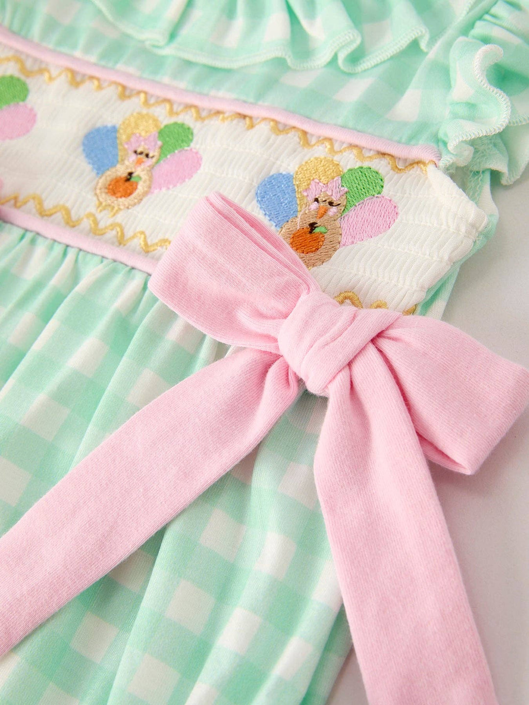 Rylee Faith Designs - Fall Thanksgiving Green Chicken Smock Embroidered Plaid Baby Girls Romper: 12M