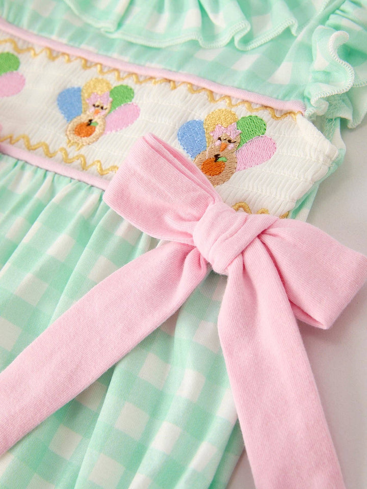 Rylee Faith Designs - Fall Thanksgiving Green Chicken Smock Embroidered Plaid Baby Girls Romper: 12M