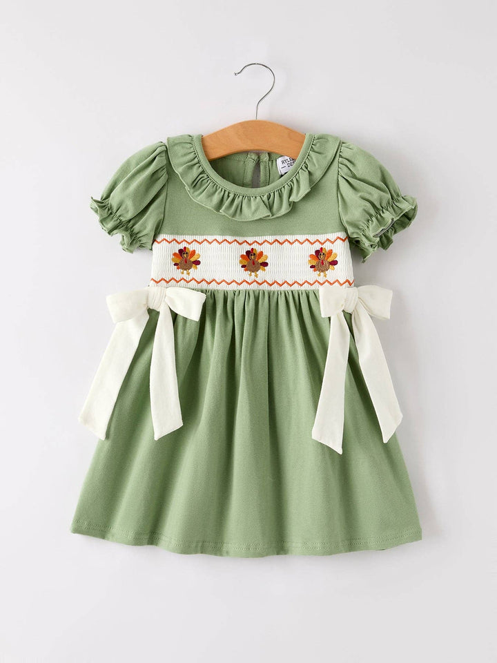 Rylee Faith Designs - Fall Thanksgiving Chicken Smock Embroidered Green  Baby Girl Dress: 3