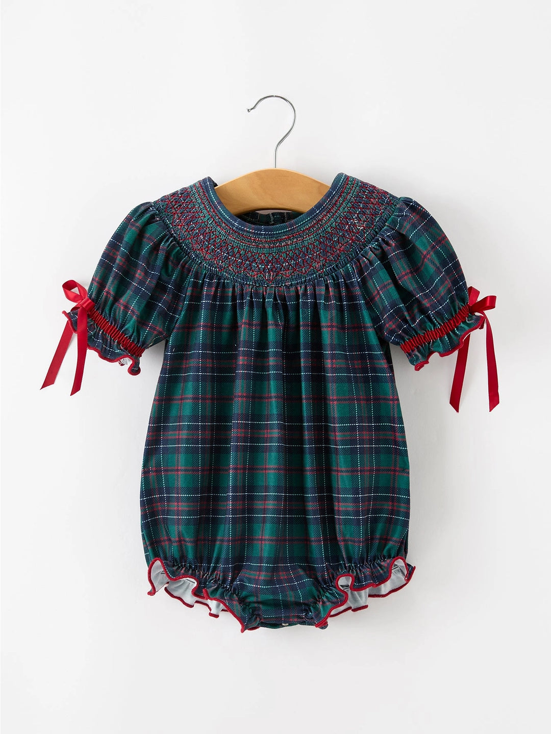 Girls Christmas Plaid Smocked Bubble Romper