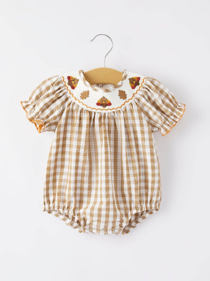 Rylee Faith Designs - Girls Thanksgiving Smocking Embroidered Brown Plaid Romper: 6M
