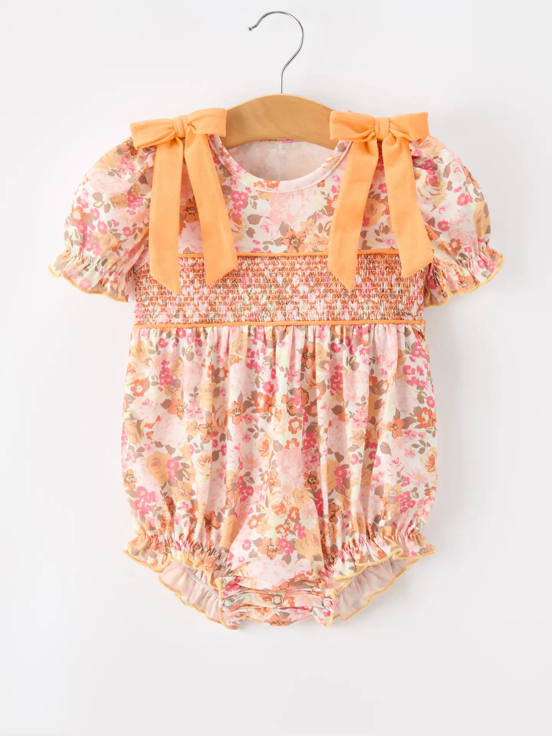 Peach Bow Smocked Floral Baby Bubble- ETA August