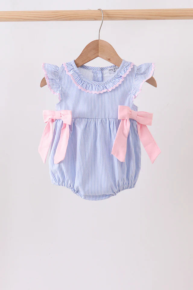 Blue Stripe Bow Seersucker Ruffle Bubble