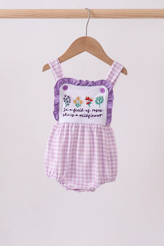 Purple floral embroidery gingham ruffle bubble