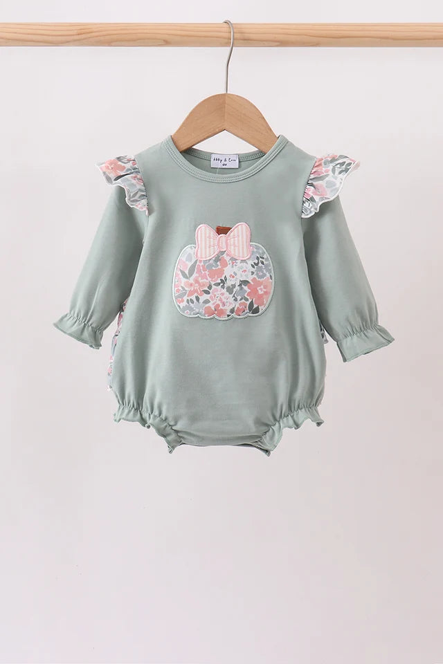 Sage Floral Pumpkin Applique Ruffle Bubble- ETA August