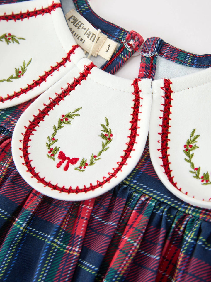 Navy Red Christmas Plaid Wreath Embroidered Girl Dress- ETA November