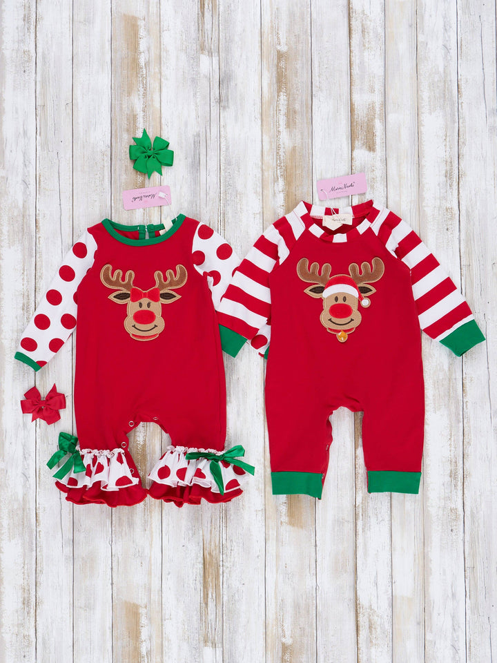 Marie Nicole Clothing - Christmas Reindeer Romper Pajamas - For Boys & Girls: 6/12M / Girl