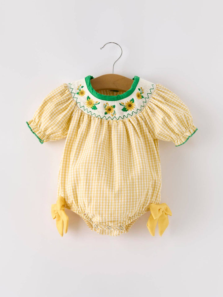 Rylee Faith Designs - Yellow Plaid Floral Smocking Embroidered Baby Girl Romper: 6M
