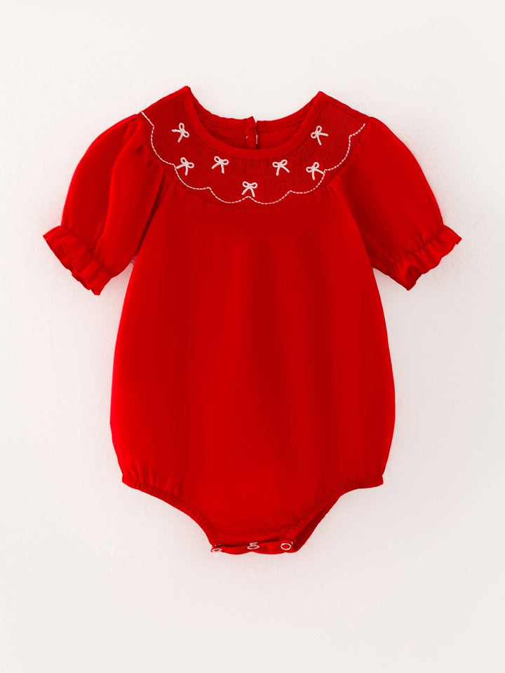 Bows Smocked Embroidered Red Romper