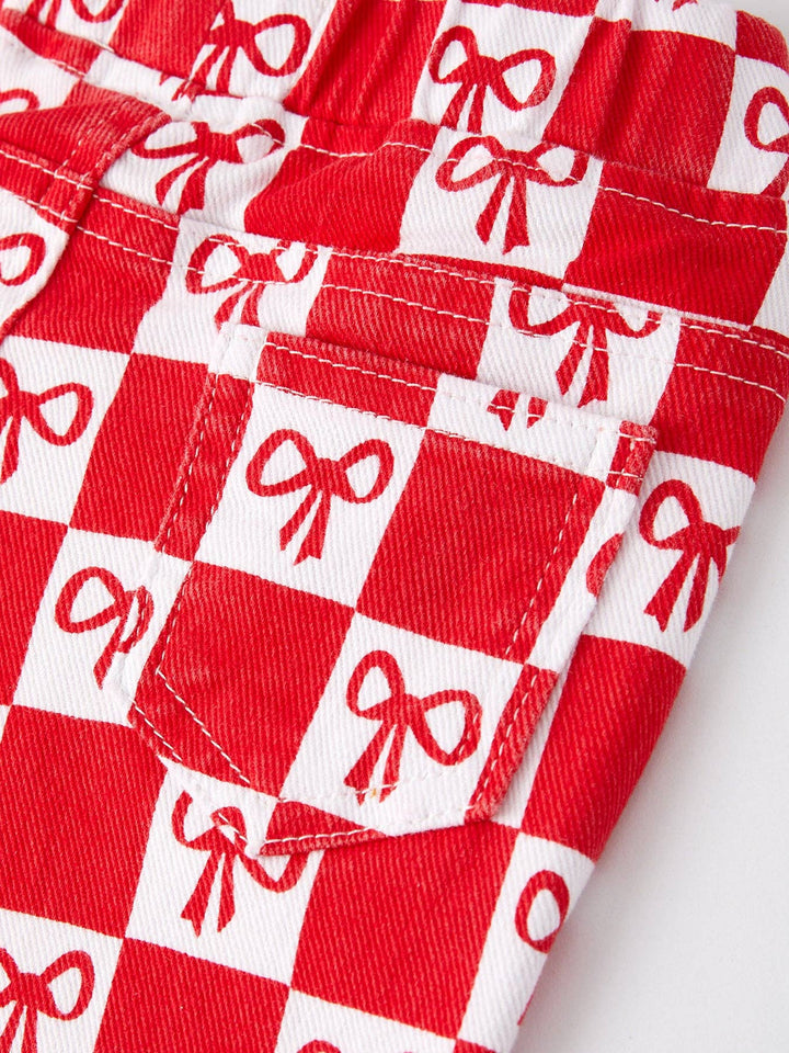 Rylee Faith Designs - Girls Red Bow Print Plaid Flared Jeans: 3