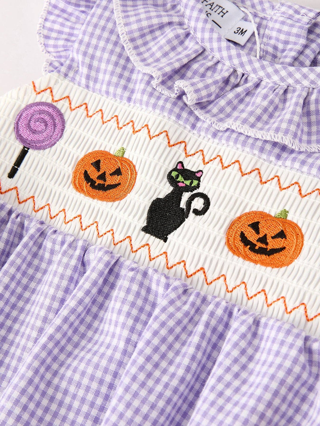 Rylee Faith Designs - Fall Halloween Purple Balloon Pumpkin Cat Smock Embroidery Baby Girl Romper: 3M