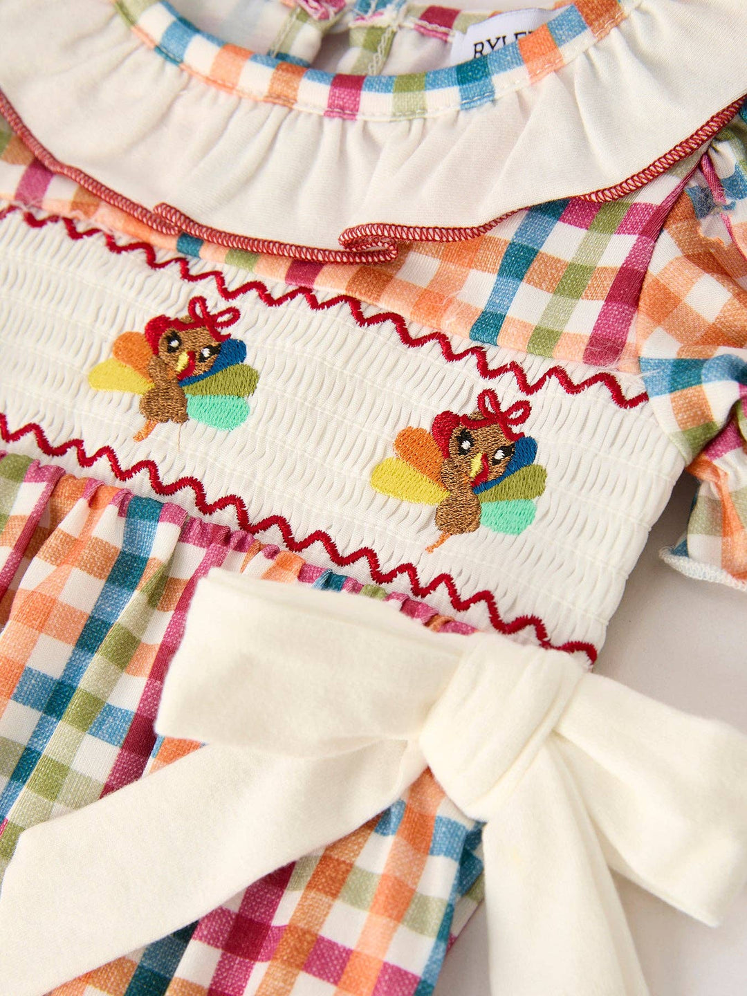 Rylee Faith Designs - Fall Thanksgiving Color Plaid Chick Embroidery Smocking Baby Girls Romper: 12M