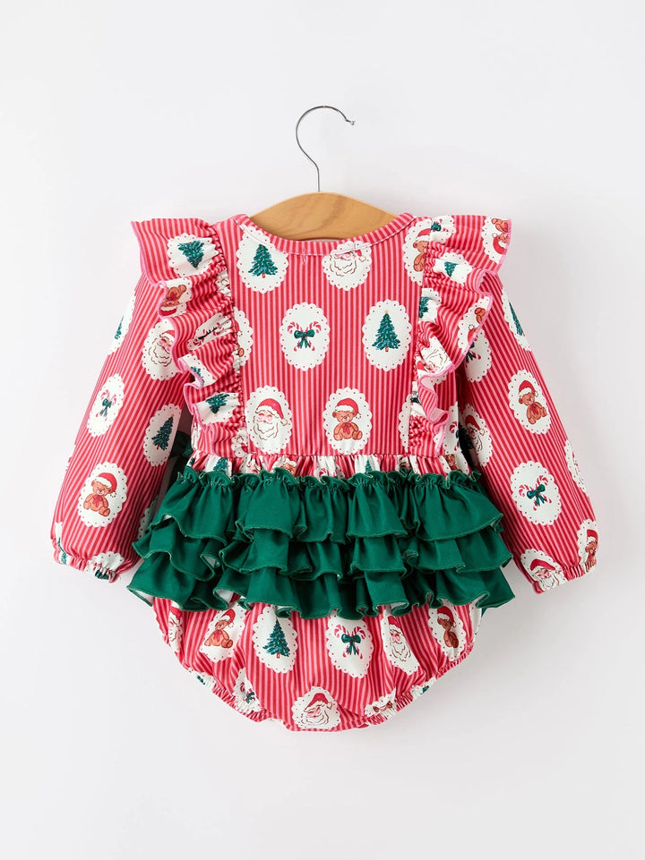 Christmas Santa Print Ruffle Baby Girl Bubble Romper with Bows- ETA November