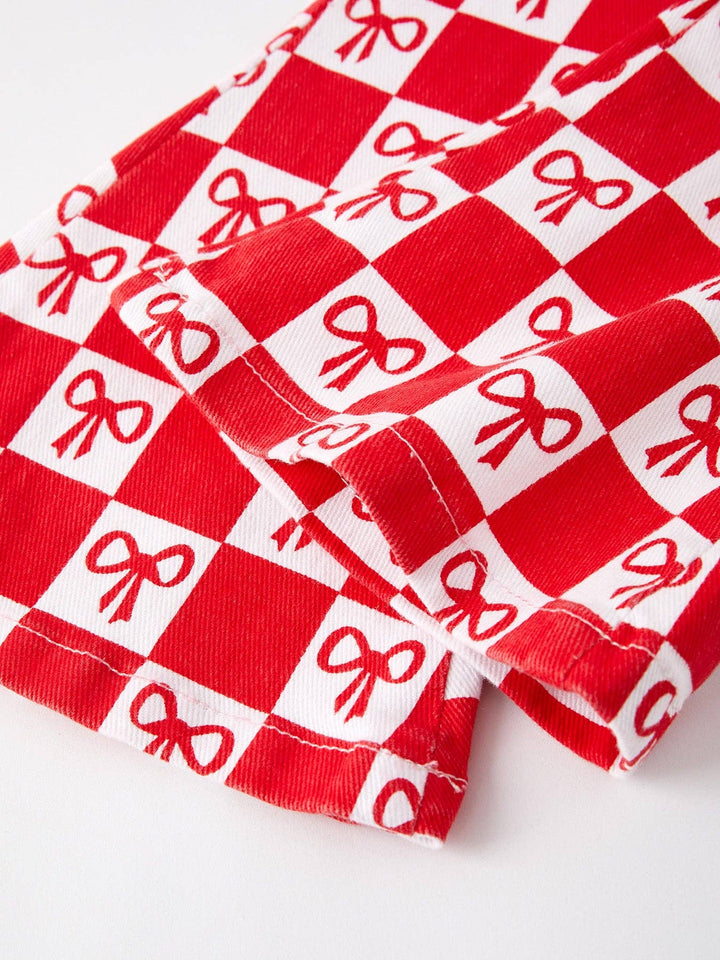 Rylee Faith Designs - Girls Red Bow Print Plaid Flared Jeans: 3