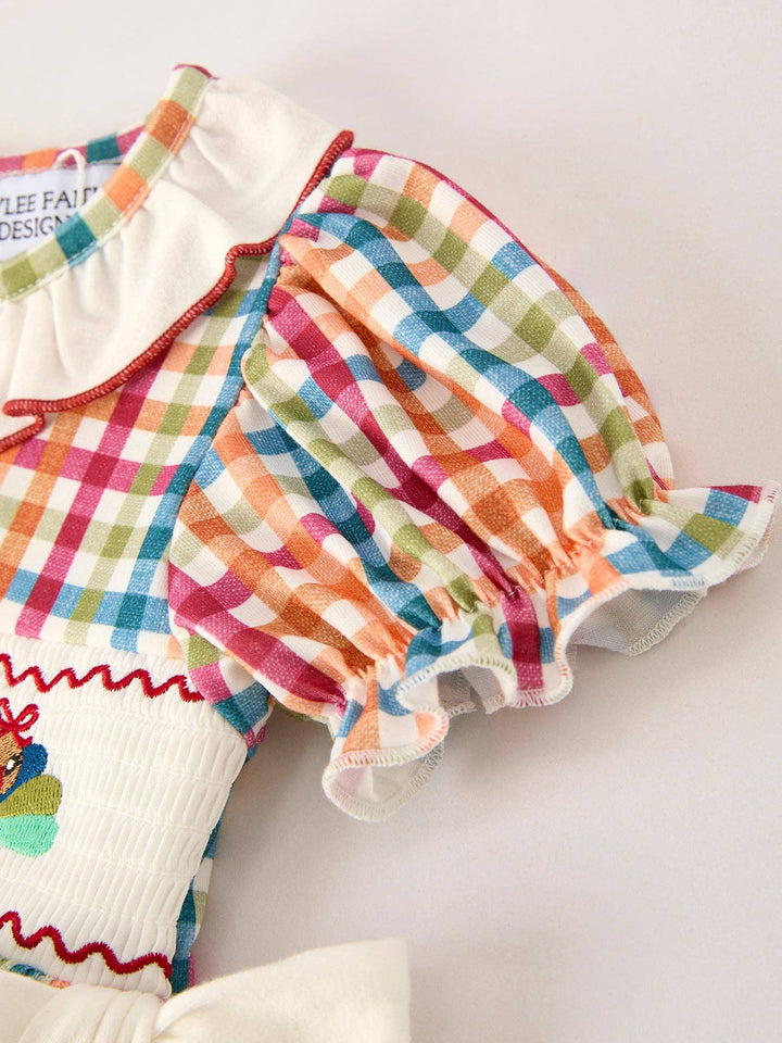 Rylee Faith Designs - Fall Thanksgiving Color Plaid Chick Embroidery Smocking Girls Dress: 4