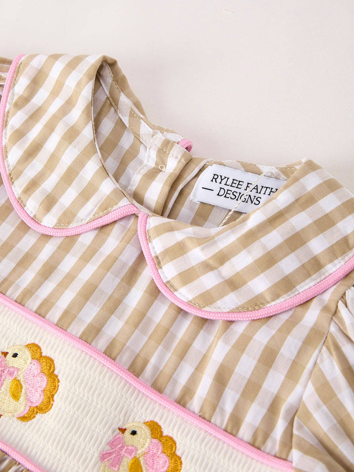 Rylee Faith Designs - Fall Thanksgiving Lapel Plaid Chick Embroidery Smocking Bow Baby Girls Dress: 5