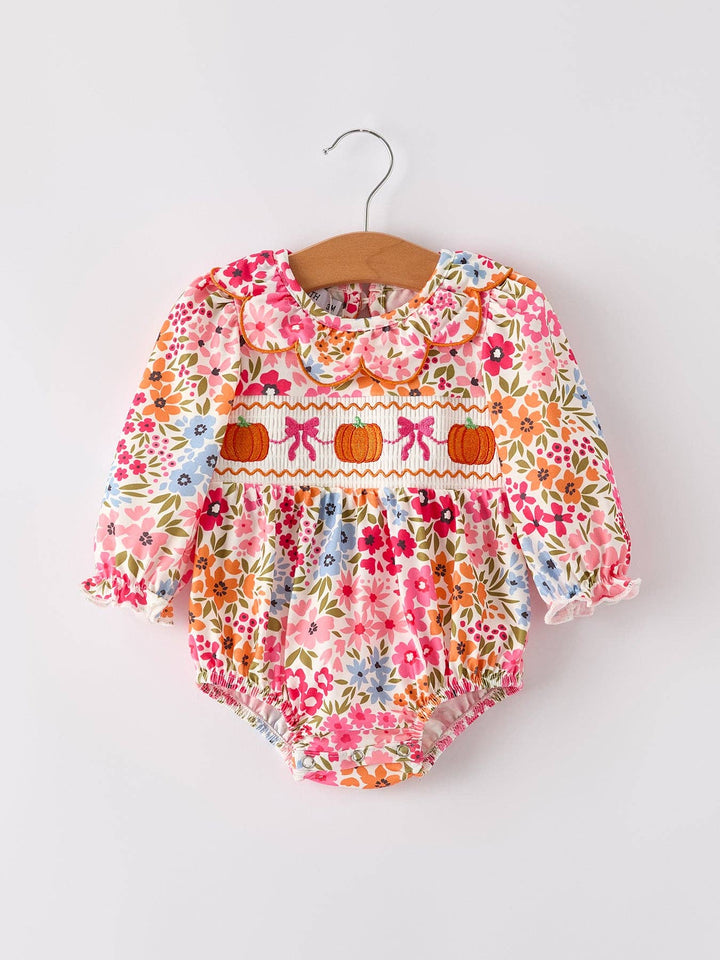 Pumpkin Bow Smocked Embroidered Floral Romper