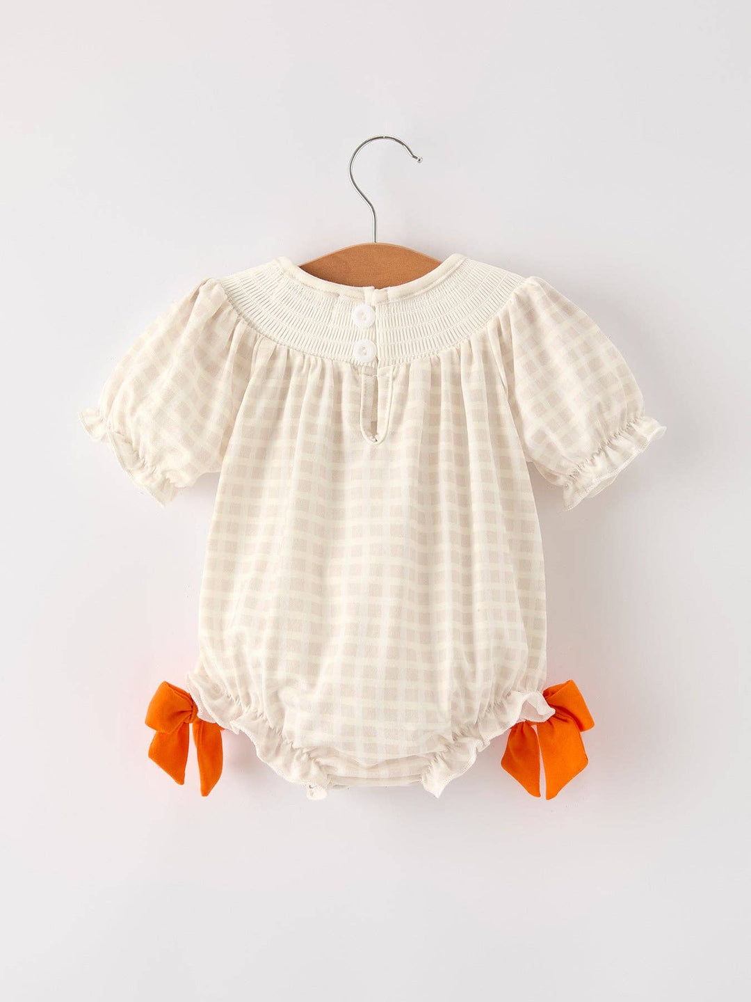 Rylee Faith Designs - Fall Thanksgiving Apricot Plaid Turkey Embroidery Smocking Baby Girls Romper: 18M