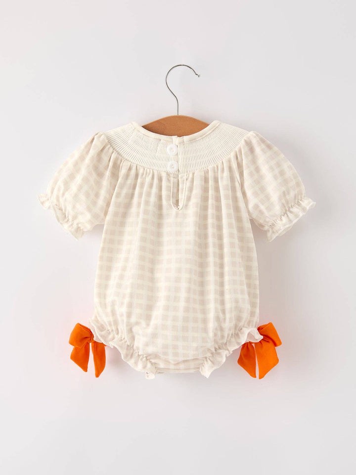 Rylee Faith Designs - Fall Thanksgiving Apricot Plaid Turkey Embroidery Smocking Baby Girls Romper: 18M