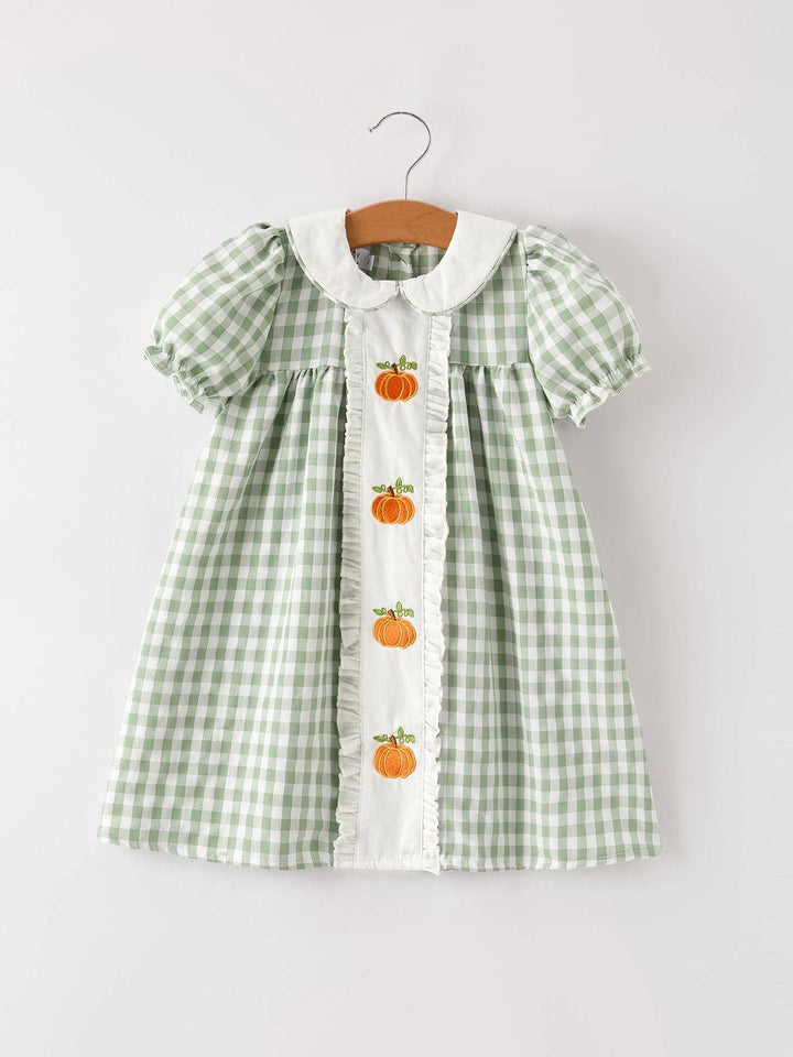 Rylee Faith Designs - Fall Halloween & Thanksgiving Pumpkin Applique Plaid Green Girls Dress: 2
