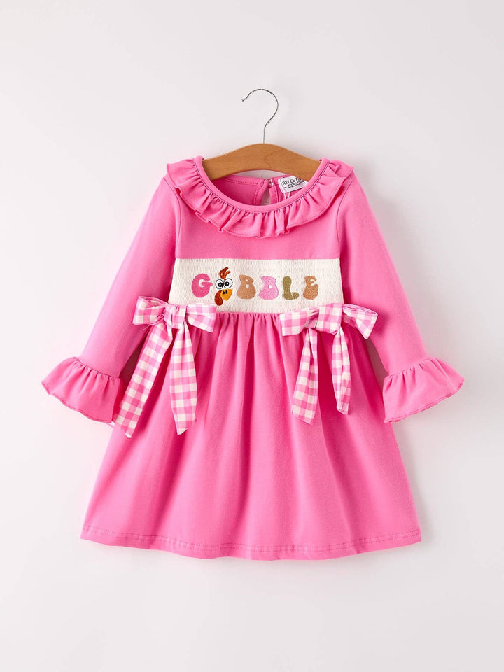 Rylee Faith Designs - Fall Thanksgiving& Halloween "GOBBLE" Smock Embroidery Baby Girl Dress: 4