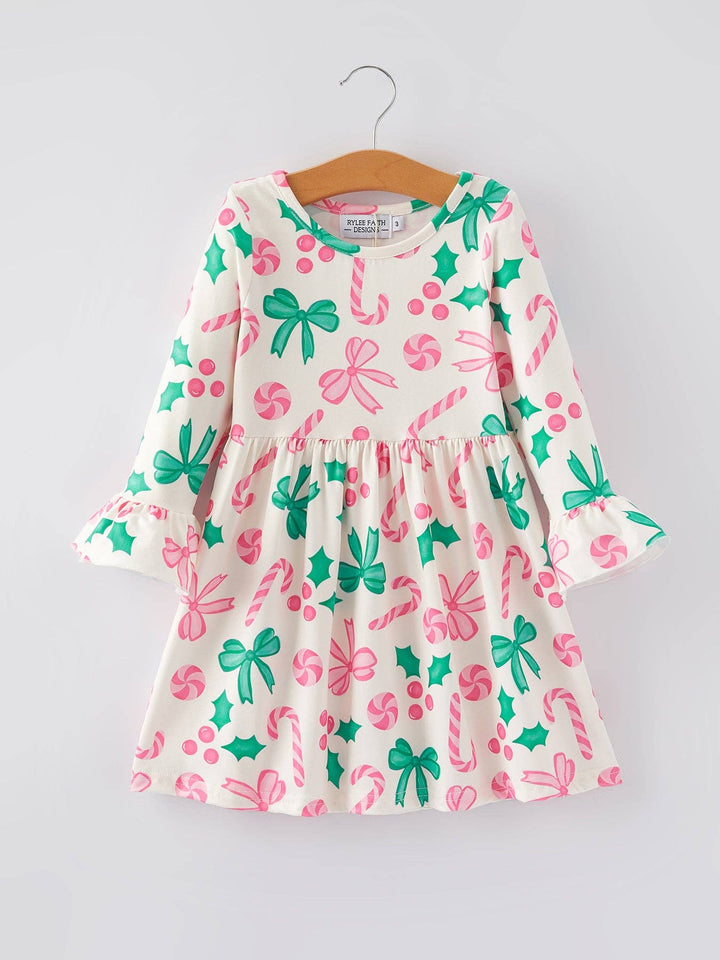 Rylee Faith Designs - Christmas Candy Bow Print Girls Dress: 8/9Y