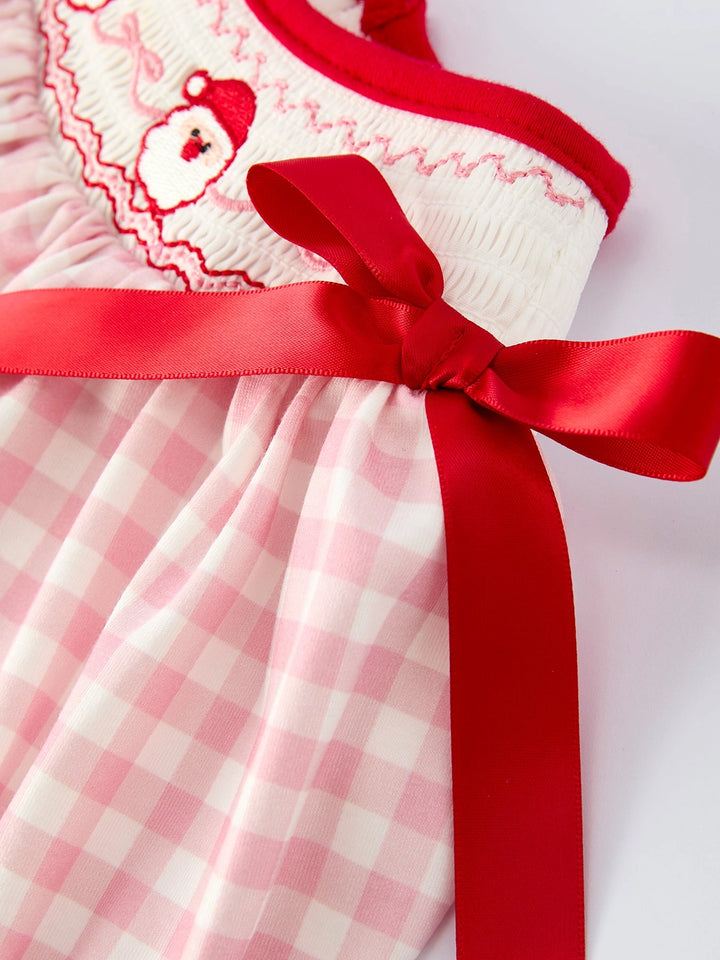 Pink Gingham Christmas Girls Dress: Santa Embroidery with Red Satin Ribbon- ETA Sept.