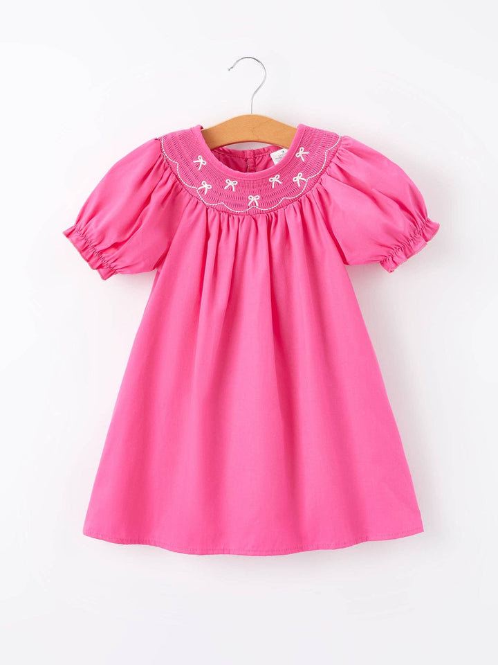 Bow Smocked Embroidered Hot Pink Dress