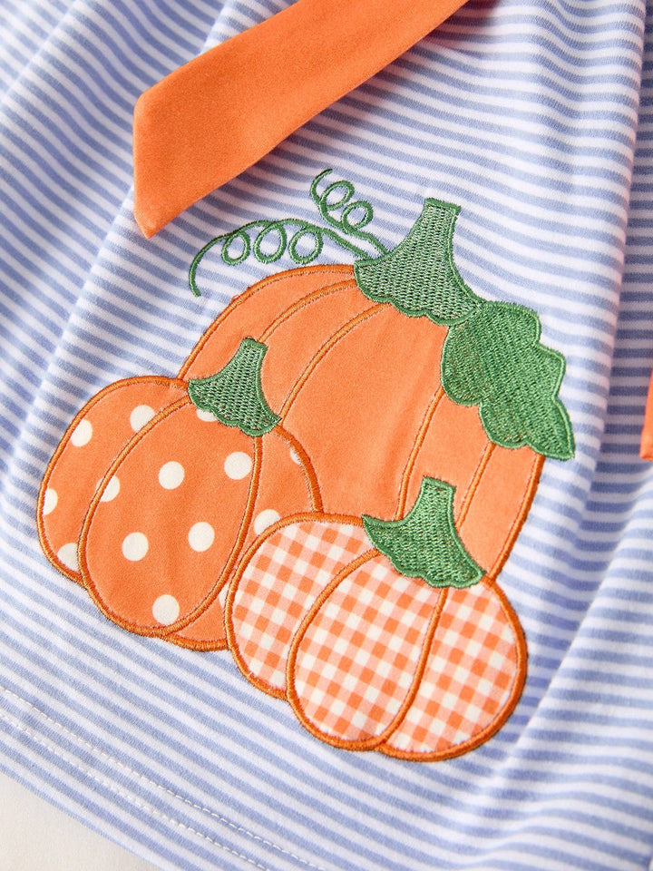 Rylee Faith Designs - Fall Thanksgiving and Halloween Lapel Stripe Pumpkin Applique Bow Girls Dress: 3