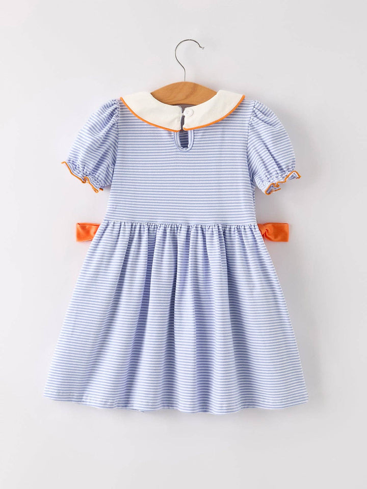 Rylee Faith Designs - Fall Thanksgiving and Halloween Lapel Stripe Pumpkin Applique Bow Girls Dress: 5