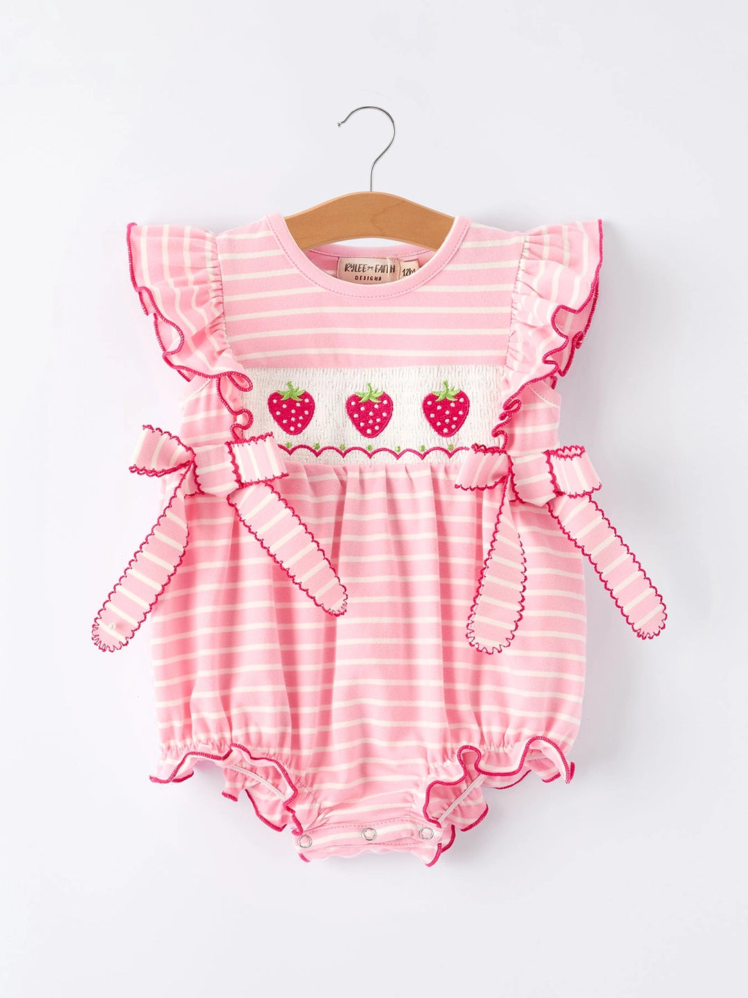 Strawberry Embroidery Pink Stripes Girl Smocked Romper