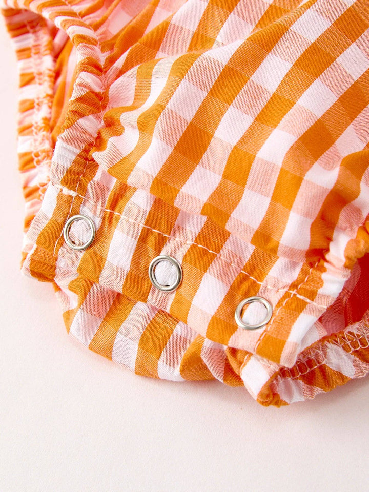 Rylee Faith Designs - Fall Embroidered Romper for Baby Girls – Orange Checkered with Halloween Details: 18M