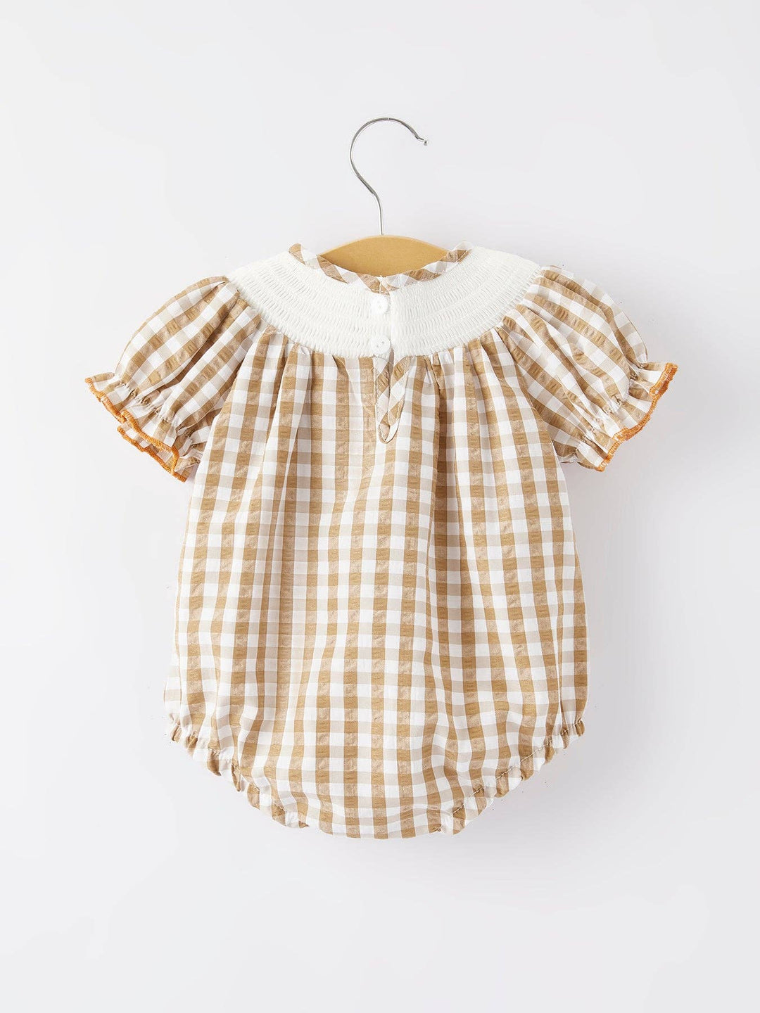 Rylee Faith Designs - Girls Thanksgiving Smocking Embroidered Brown Plaid Romper: 12M
