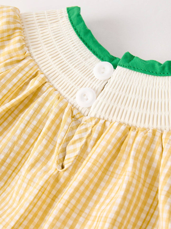 Rylee Faith Designs - Yellow Plaid Floral Smocking Embroidered Baby Girl Romper: 12M