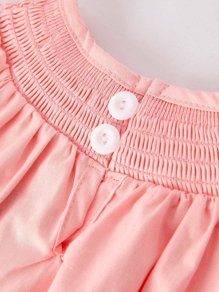 Rylee Faith Designs - Girls Horse Smocking Embroidered Coral Romper: 12M