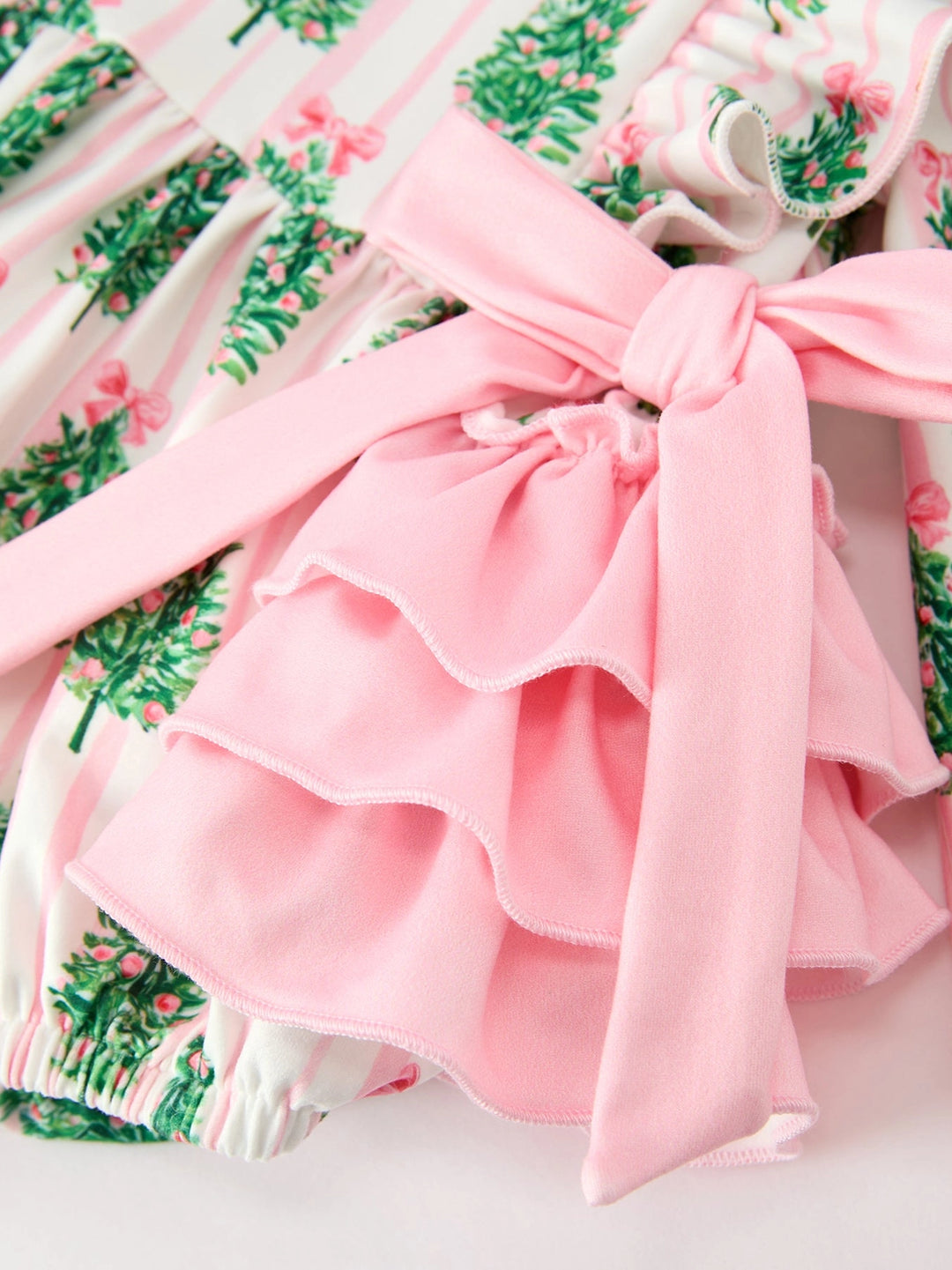 Christmas Tree Print Ruffle Bow Baby Girl Bubble Romper- ETA November
