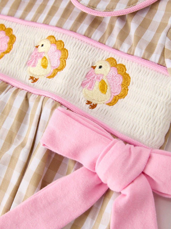 Rylee Faith Designs - Fall Thanksgiving Lapel Plaid Chick Embroidery Smocking Bow Baby Girls Romper: 18M