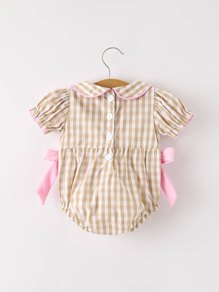 Rylee Faith Designs - Fall Thanksgiving Lapel Plaid Chick Embroidery Smocking Bow Baby Girls Romper: 12M