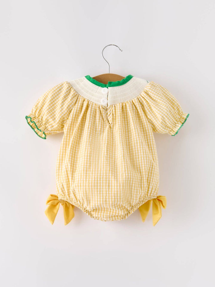 Rylee Faith Designs - Yellow Plaid Floral Smocking Embroidered Baby Girl Romper: 6M