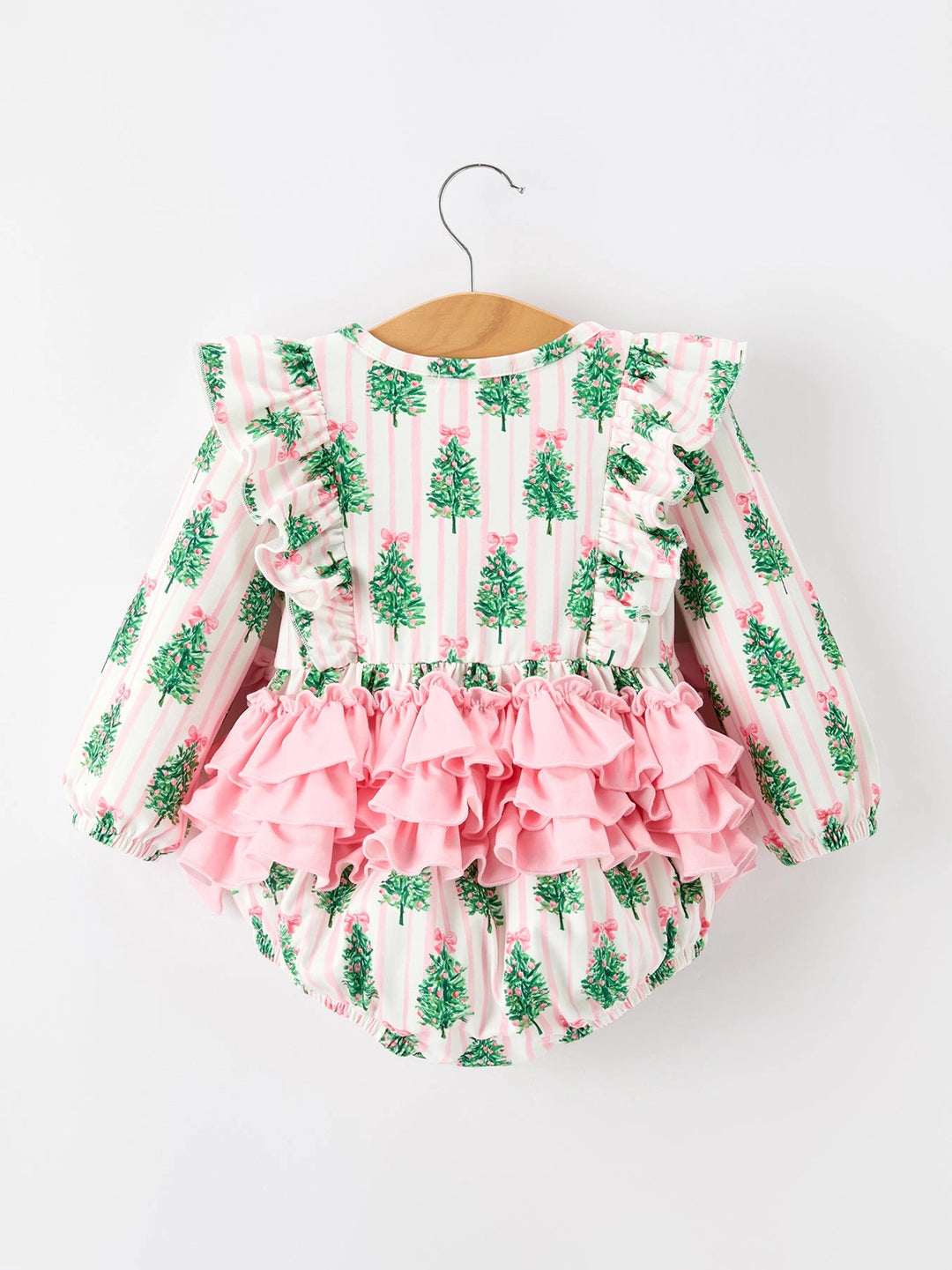 Christmas Tree Print Ruffle Bow Baby Girl Bubble Romper- ETA November