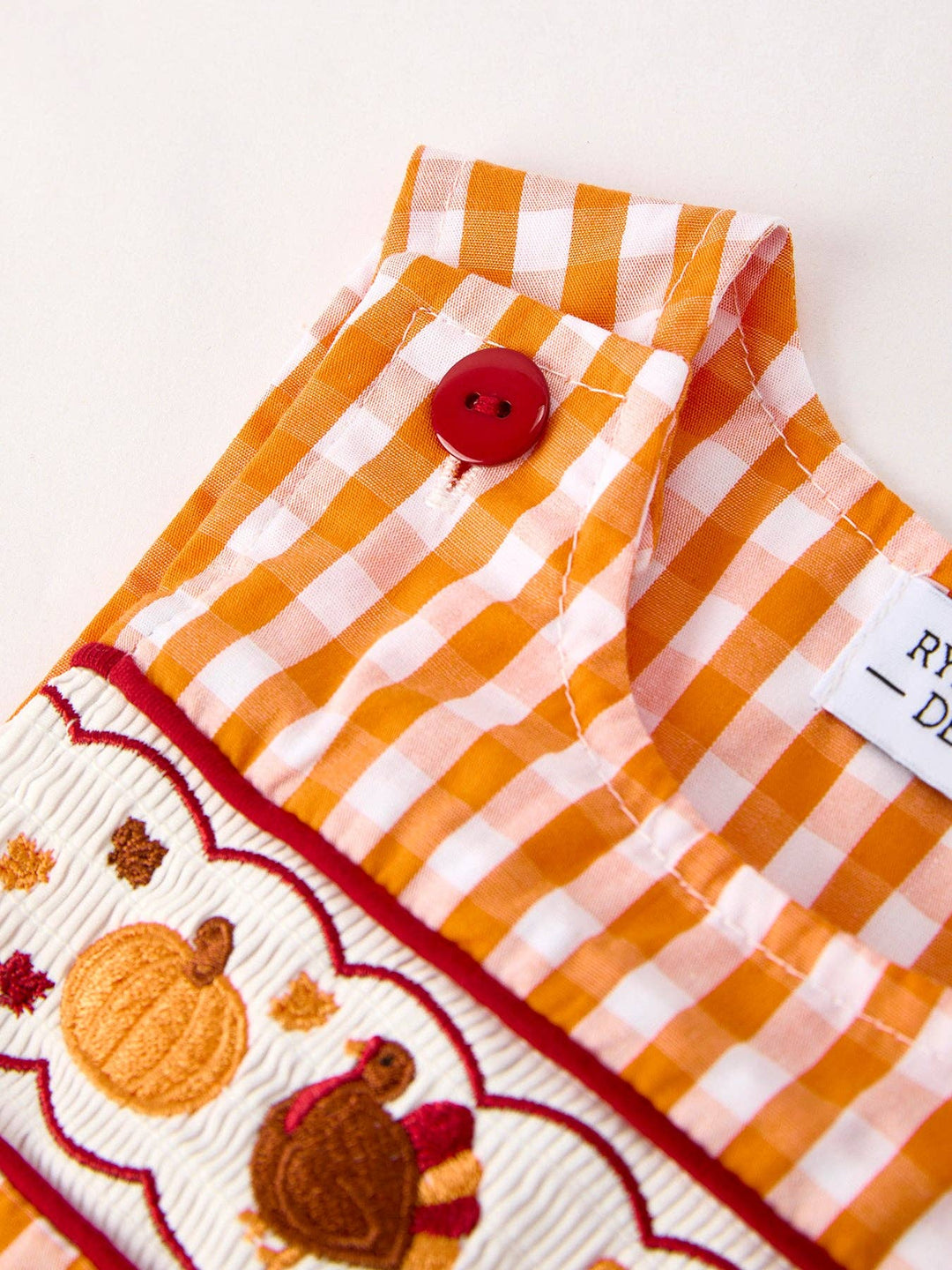 Rylee Faith Designs - Fall Embroidered Romper for Baby Boys – Orange Checkered with Halloween Details: 3M