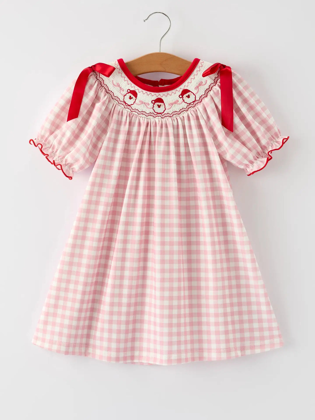 Pink Gingham Christmas Girls Dress: Santa Embroidery with Red Satin Ribbon- ETA Sept.