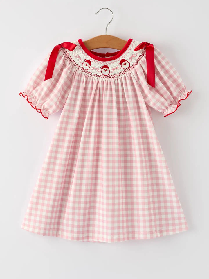 Pink Gingham Christmas Girls Dress: Santa Embroidery with Red Satin Ribbon- ETA Sept.