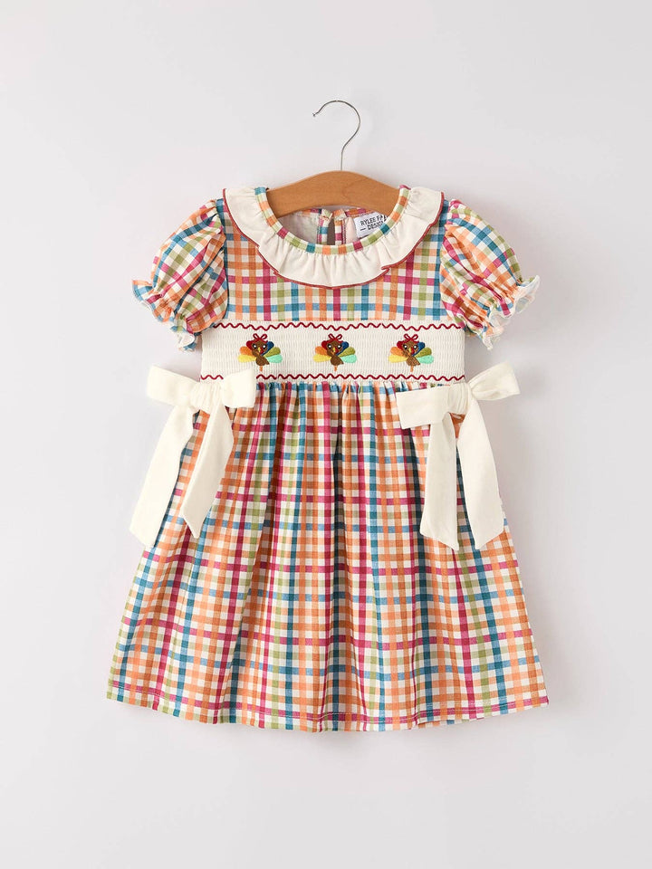 Rylee Faith Designs - Fall Thanksgiving Color Plaid Chick Embroidery Smocking Girls Dress: 3