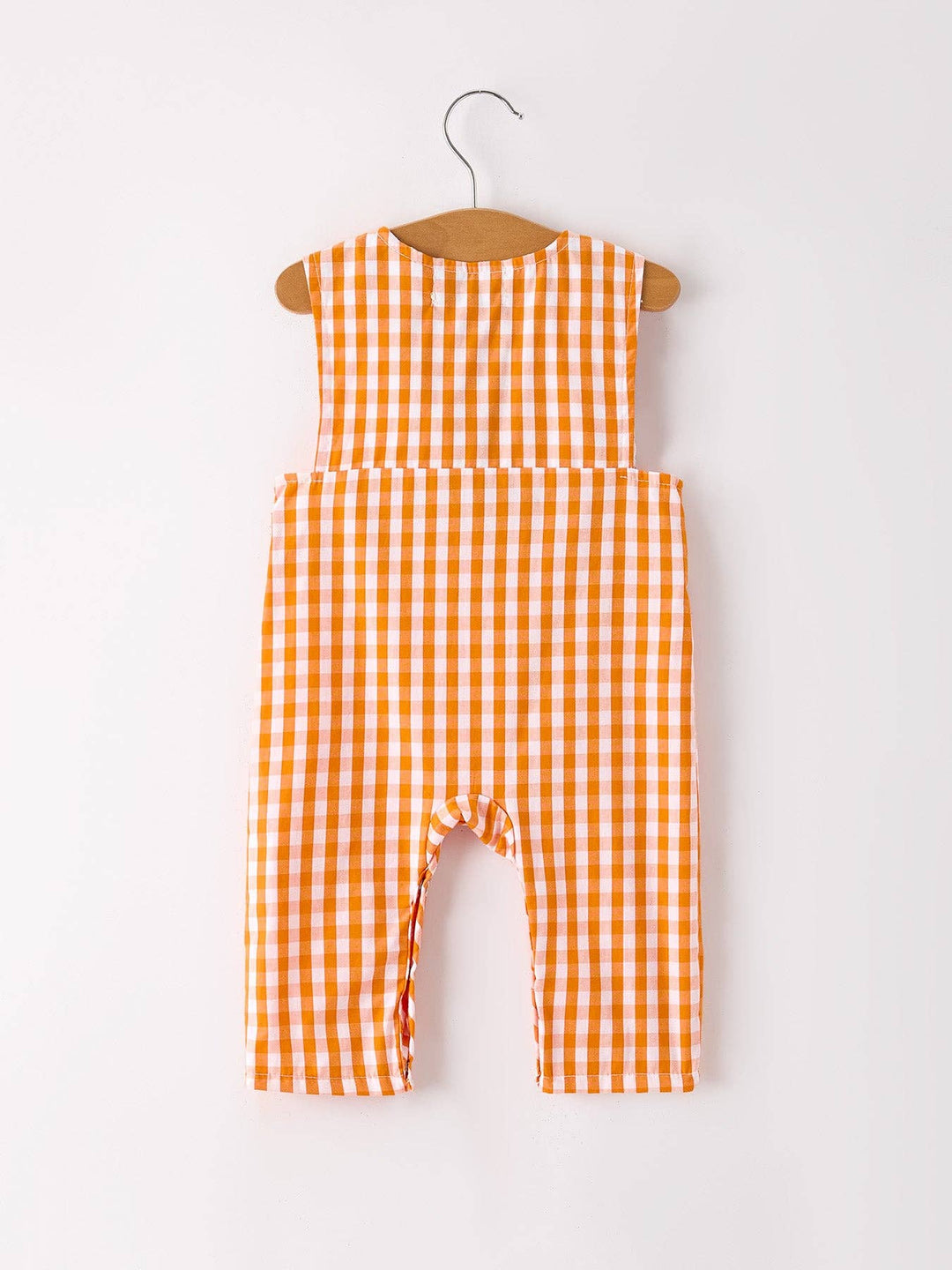 Rylee Faith Designs - Fall Embroidered Romper for Baby Boys – Orange Checkered with Halloween Details: 3M