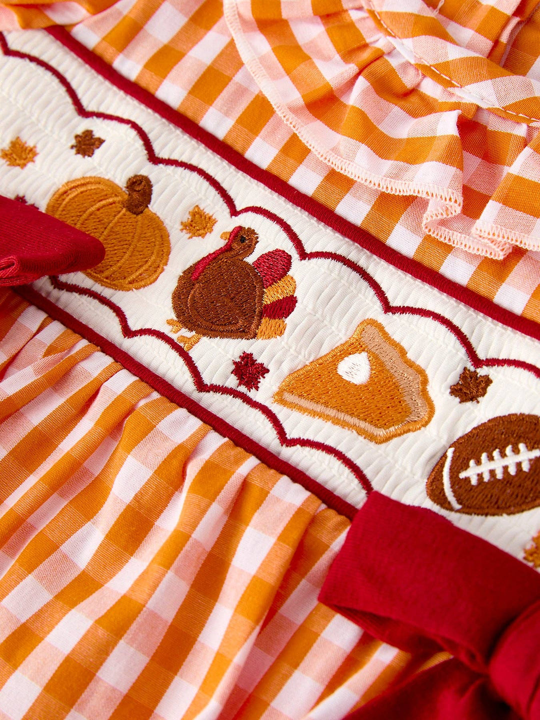 Rylee Faith Designs - Fall Embroidered Romper for Baby Girls – Orange Checkered with Halloween Details: 18M
